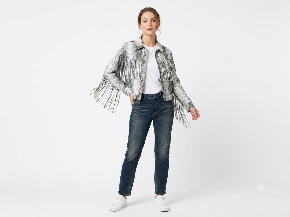 Choosy Crop Jacket Womens XS Gray Snakeskin Print Fringed Western Python Boho